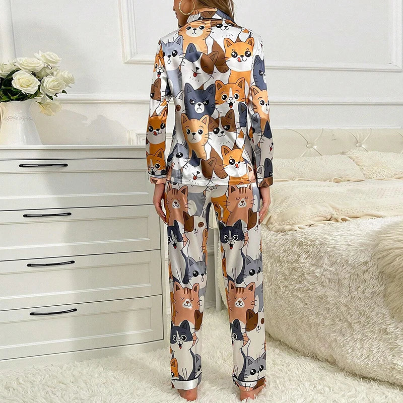 Cute Cat Print Pajama for Women Satin Long Sleeve Lapel | SAMAG