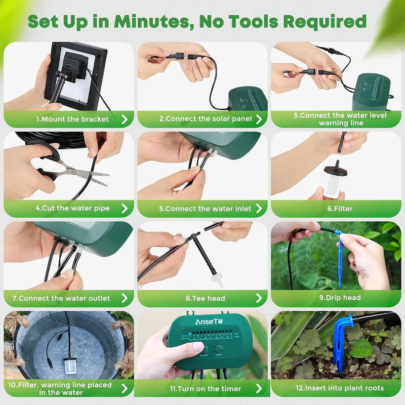 Solar Automatic Watering Kit for Garden, Drip Irrigation Watering System with 15 m Watering Hose, Balconies, Flower Pots, Plants