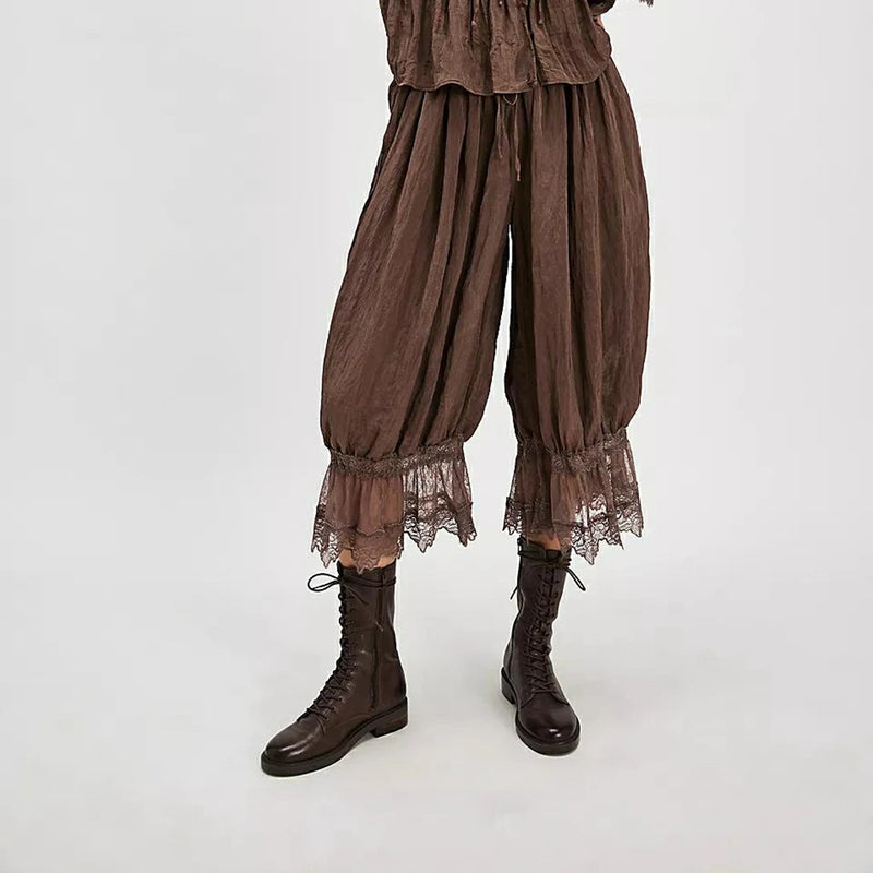 Women's Y2K Loose Fit Bloomers Cropped Pants Drawstring High Waist Floral Lace Patchwork Calf-Length Lantern Trousers