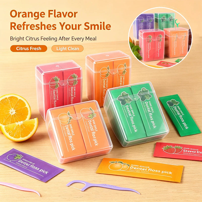 4 Fruit Flavors Individually Wrapped Dental Floss Picks, Mint Strawberry Orange Grape Disposable Floss Sticks, Smooth Flexible