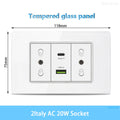 White Tempered Glass Italy USB Type C Smart Fast Charging Wall Socket Plugs Schuko Light Switch Panel Chile TV Sat Computer CAT6