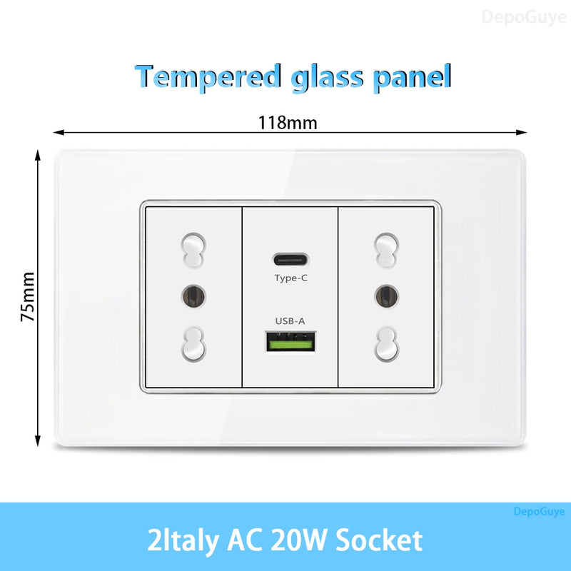 White Tempered Glass Italy USB Type C Smart Fast Charging Wall Socket Plugs Schuko Light Switch Panel Chile TV Sat Computer CAT6