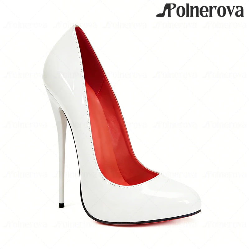 16cm Brown Patent PU Leather Pumps Sexy Style Sliop on Round Toe High Heels Ultimate Lacquered Heel Pumps Women's Daily Footwear
