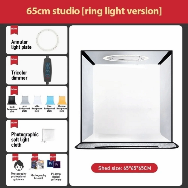 45/65cm Studio LED Light Box with Background Ring Light Board Studio Softbox Folding Photography Box and Bag For Studio Shooting