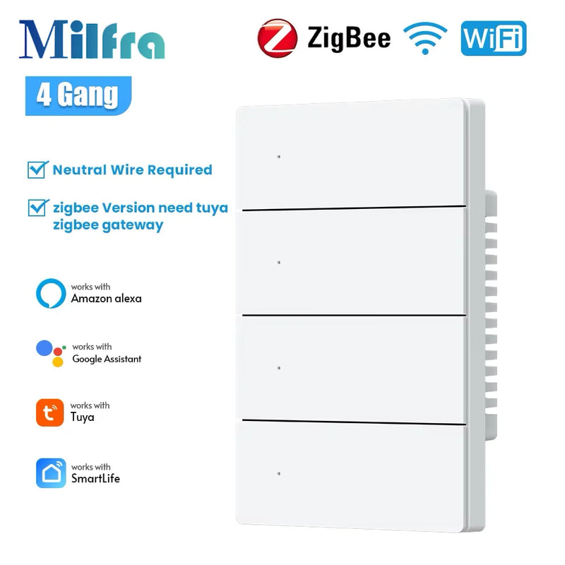 Milfra Zigbee WIFI Light Switch 1/2/3/4/6 Gang Smart Switch Voice Control Work With Alexa Google Home Tuya Control With Neutral