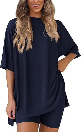 2026women's New Fashion Trend Basic High-quality Casual Round Neck Slit Loose Casual and Comfortable Women's Two-piece Home Suit
