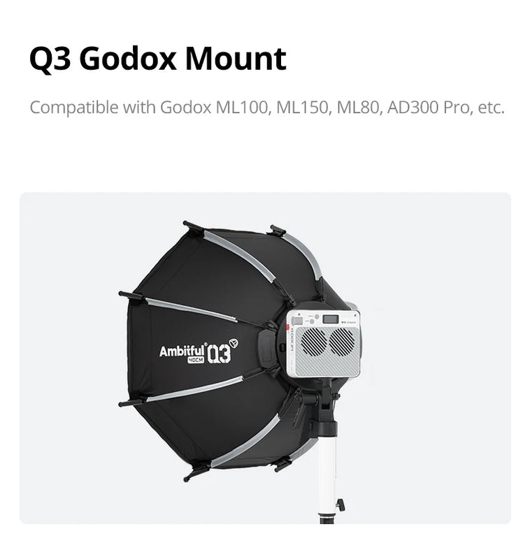 New AMBITFUL Q3 Softbox Light Box With Optional Grid,Mini Bowens Mount,GODOX Mount,Flashlight Bracket For GODOX YONGNUO NANLITE