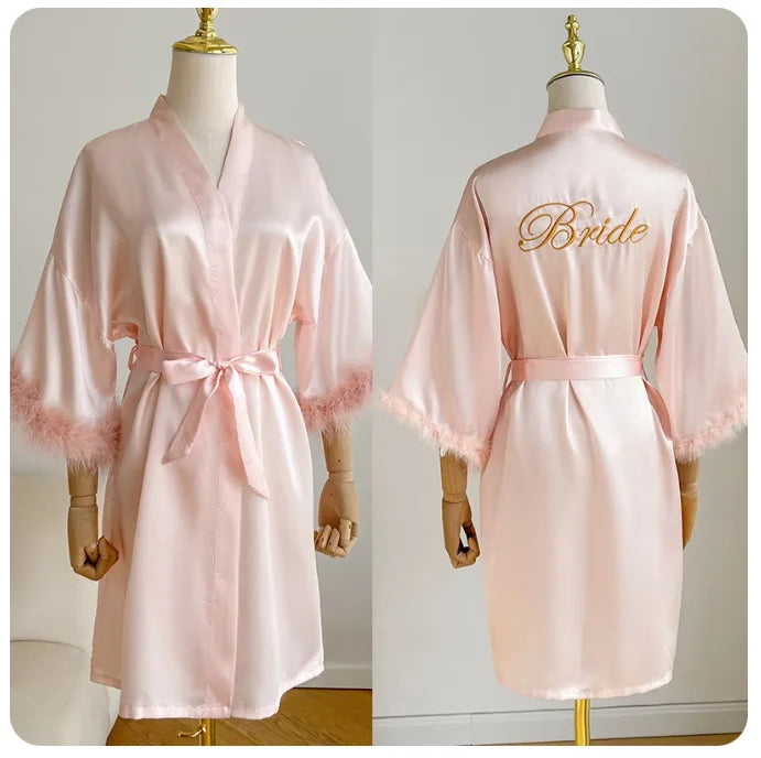 White Bride Wedding Robe with Feathers Women Satin | SAMAG