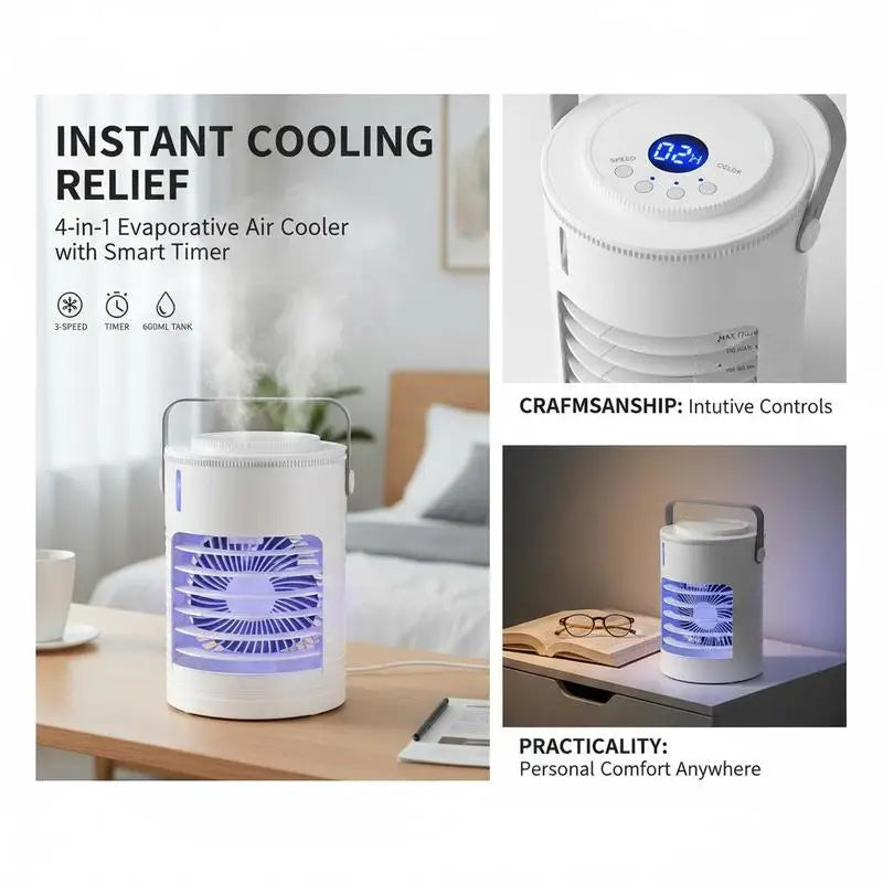 Free Shipping-Portable Air Conditioner, 4-in-1 Evaporative Air Cooler, 3-Speed Mini Air Conditioner with Smart Timer, 600ml Wate