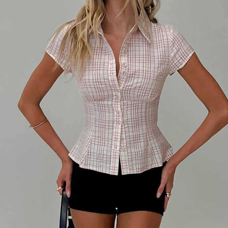 Women's Y2K Plaid Button down Shirt Short Sleeve Blouse - View 2 | SAMAG