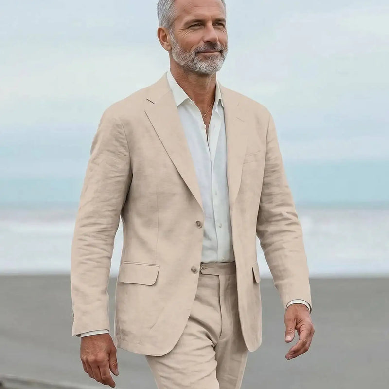 Men's linen casual men's beach party business suit two-piece wedding tailcoat set with split collar suit jacket and pants