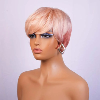 Pink Short Human Hair Wig Pixie Cut Wig with Bangs Remy Human Hair Machine Made Wigs for Black Women