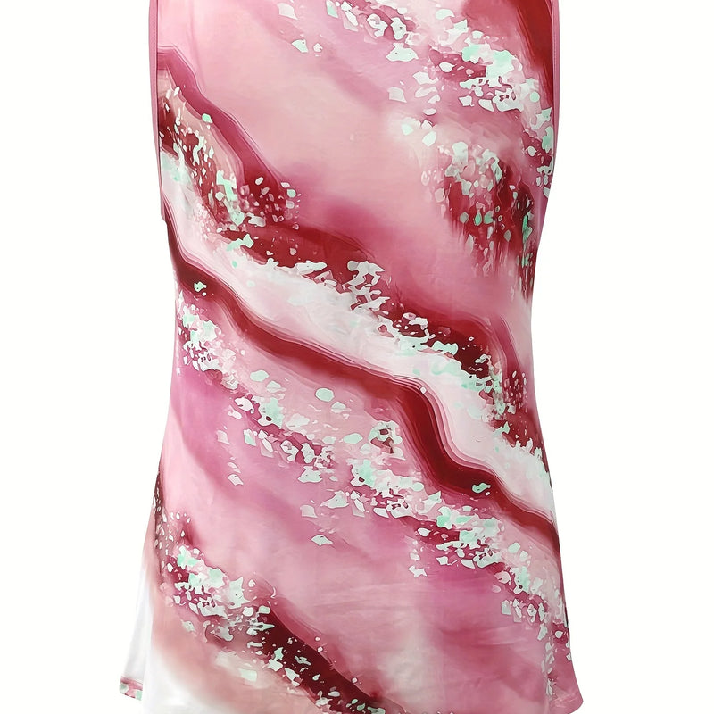 Plus Size Marble Print Tank Top Casual Criss Cross Sleeveless V Neck Top For Summer & Spring Women's Plus Size Clothing