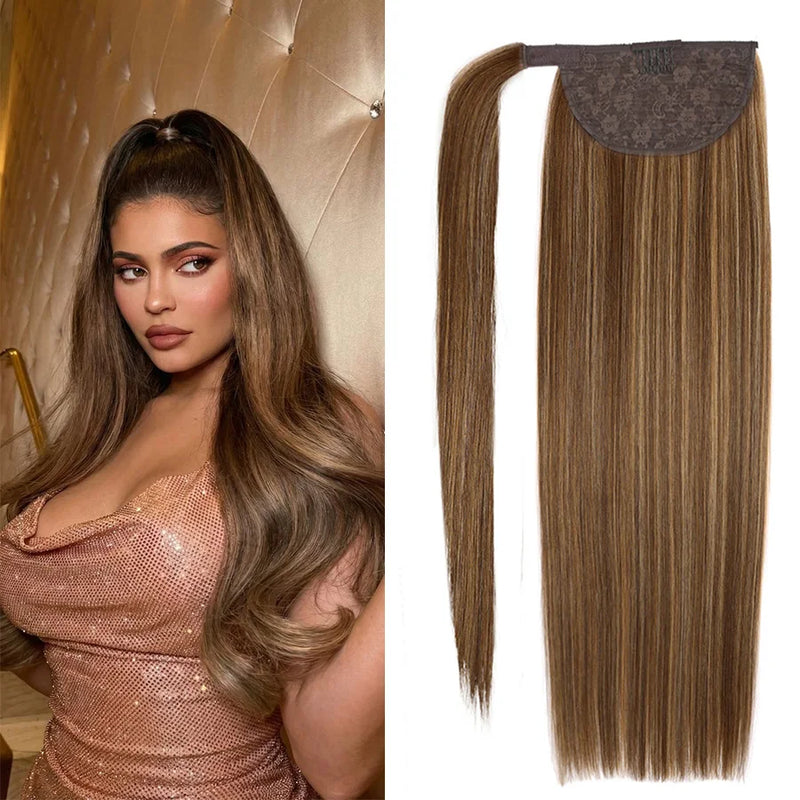 100% Human Hair Ponytail European Straight 120gram Wrap Around Clip In Pony Tail Machine Remy Hair 12-26 Inches For  Salon