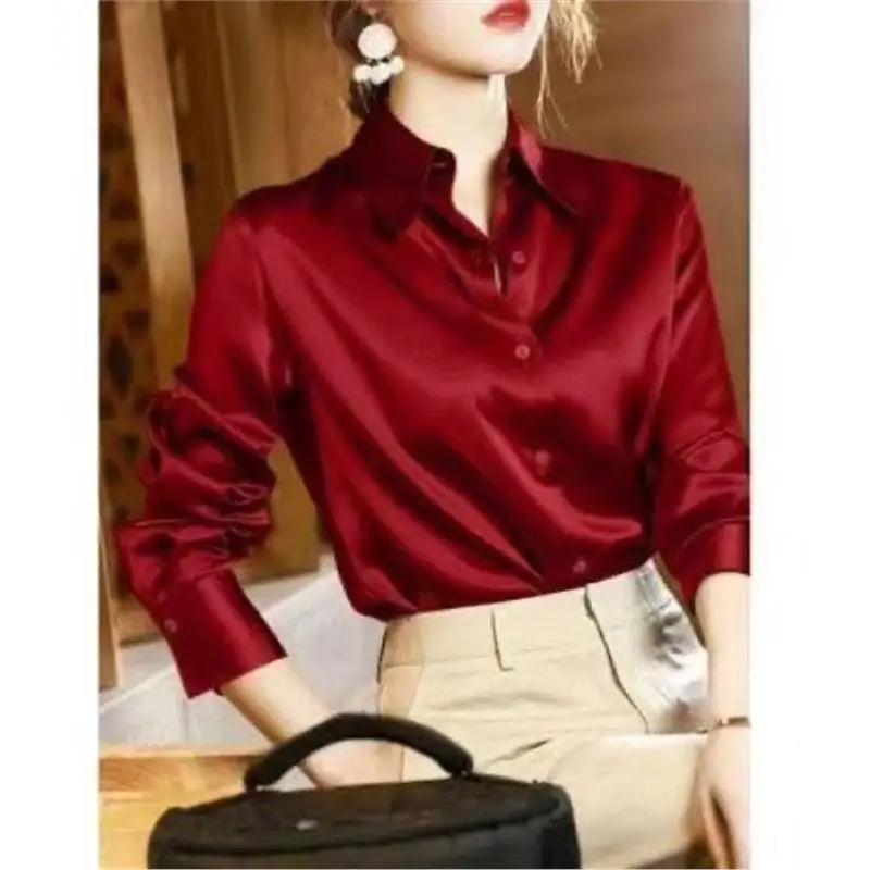 Ele Purple Silk Satin Long Sve Women's irt Profional Faionable Commuting Sle Autumn New Arrival Loose Fit Pol...