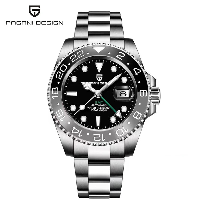 Top PAGANI DESIGN PD1662 Men GMT Automatic Mechanical Watch Black Ceramic Bezel Sapphire Glass 100M Waterproof Jubilee Stainless Steel Bracelet Sports Diver Wristwatch Reloj Hombre+gift box
