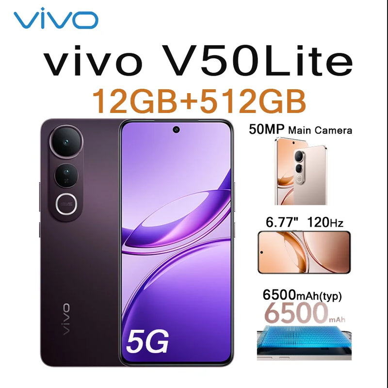 VIVO V50 Lite 5G 6.77" 120Hz Display 12GB+512GB 50MP Cam 6500mAh Long Lasting Battery Type-C Dual SIM Unlocked Smartphone
