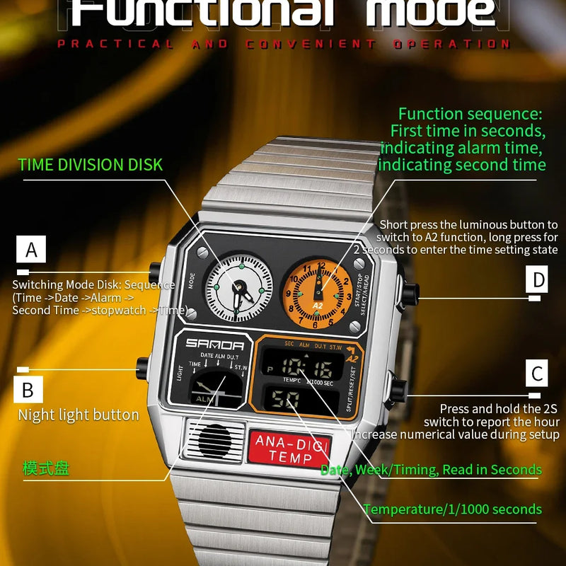 SANDA Top Fashion Men's Leisure Electronic Watch Multifunctional Thermometer Stopwatch Timing Men's Electronic Watch 3192