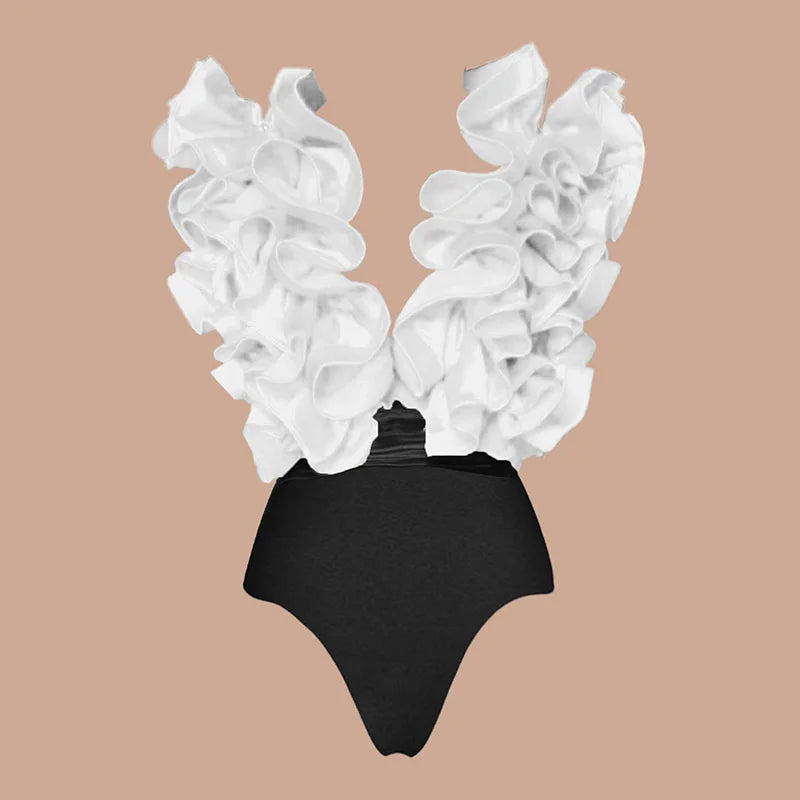 Sexy White 3D Ruffle Flower One Piece And Skirt Set | SAMAG
