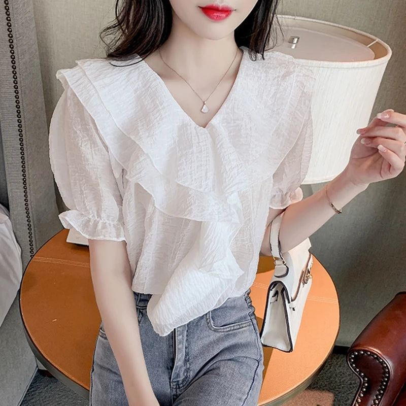 Vintage Summer Chiffon Blouses Women Elegant Korean - View 2 | SAMAG