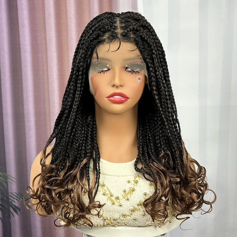 Knotless Box Braided Wig with Wavy Ends Synthetic Lace Frontal 1B-30 Dark Ombre Braided Lace Wig with Baby Hair for Black Women