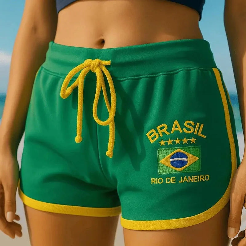 Summer Brasil Flag Print Contrast Piping Drawstring Waist Dolphin Shorts Daily Streetwear Slim Y2K  Trendy New Women's Shorts