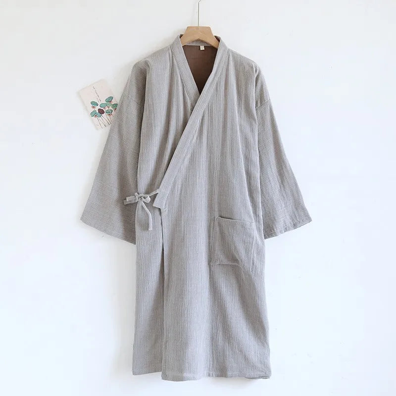 2026 New Men's 100% Cotton Gauze Bath Robes Loose Thin Japanese Kimono Pajamas for Men Casual Lace Up Bathrobes V-Neck Nightgown