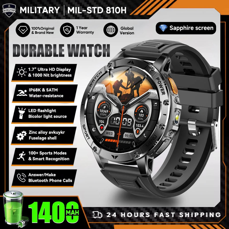 Military Grade Alloy Smartwatch 1400mAh Long Standby Waterproof SOS Emergency Flashlight BT Call Outdoor Sports Watch For Men