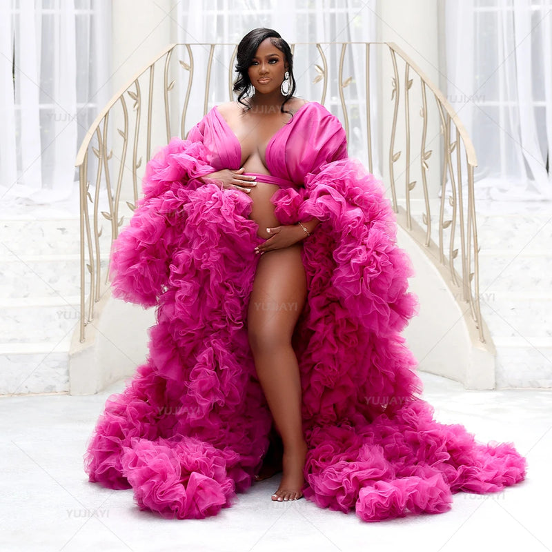 Luxury Maternity Dresses Puffy Tulle Long Women Robe Wedding Bridal Sleepwear Nightwear Front Split BabyShower Gown Photoshoot