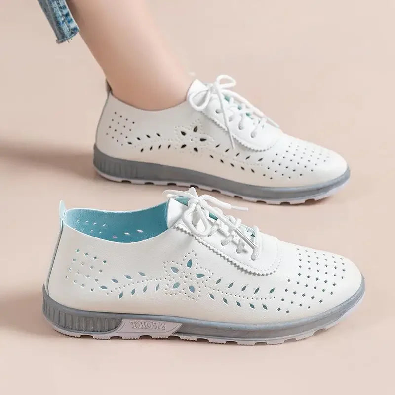 Summer Breathable Hollow White Shoe Women Flats Shoes Genuine Leather Women Sneakers Shoes Lace Up Loafers Soft Oxford Shoes2025