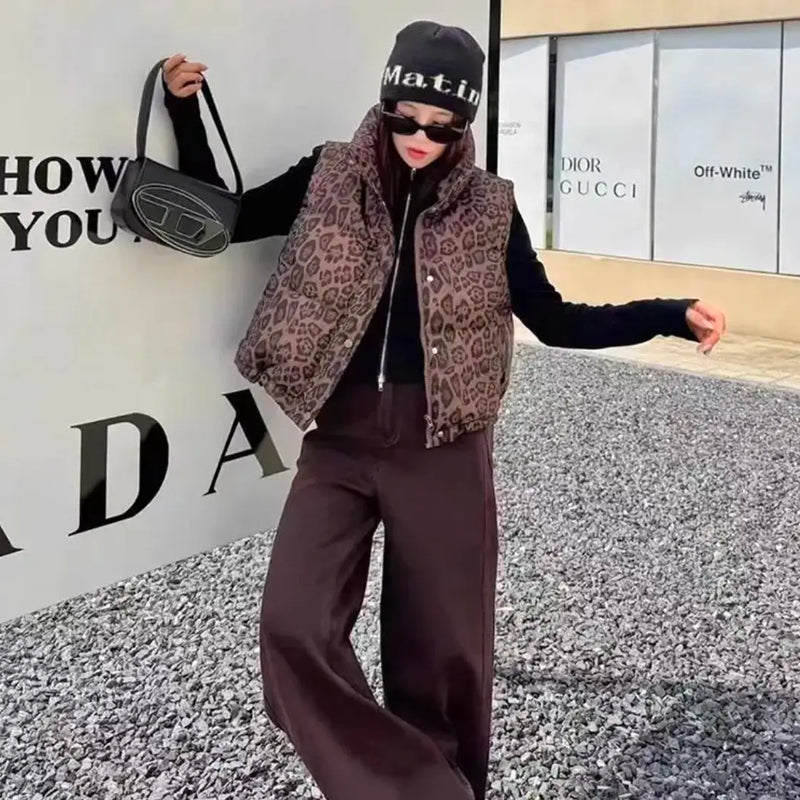Leopard Women's Autumn Winter Sleeveless Parkas Jacket 2025 Woman Mandarin Collar Cotton Padded Vest Korean Style Waistcoat