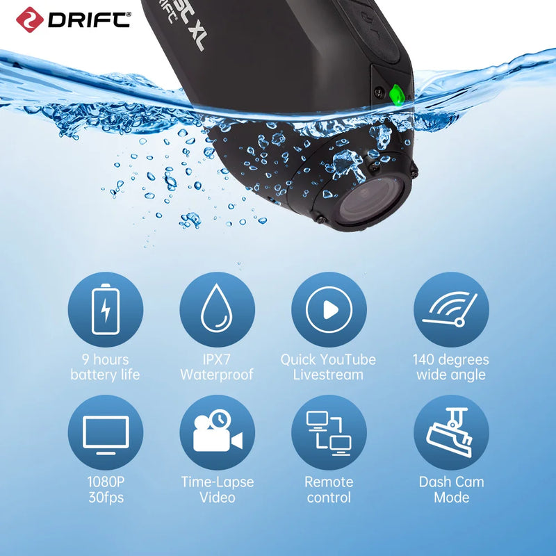 Drift Ghost XL Action Camera 1080P Full HD Video Wearable Camera with Rotating Lens and Dash Cam Mode IPX7 Waterproof Camera
