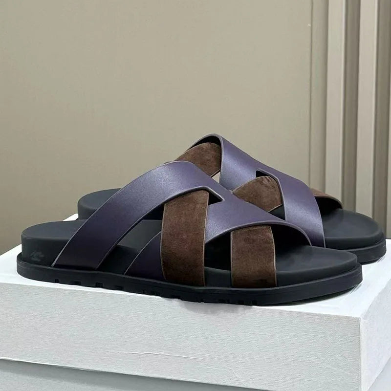 Spring and summer braided calfskin functional sandals, suede color-block slippers, couple's vacation beach slippers