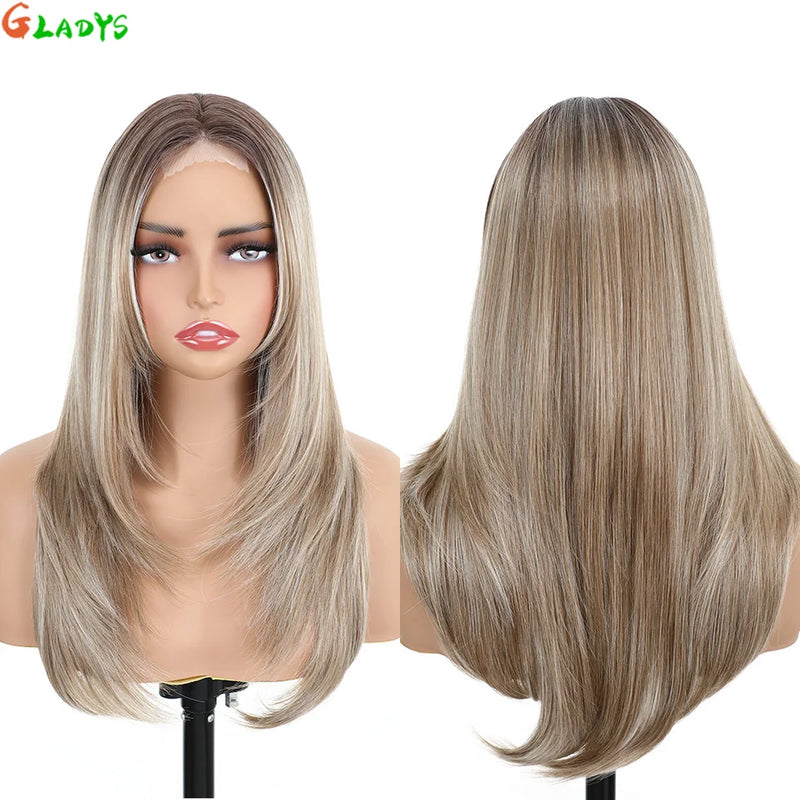 210g/pcs 180% Density Lace Wig 6-24-613 Color Middle Part Glueless Lace Wigs 24 Inch Ombre Blonde Synthetic Hair Daily Use Wigs