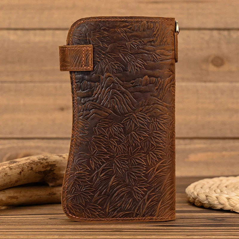Men's Vintage Crazy Horse Leather Chain Wallet Genuine Leather Bifold Long Wallet Snap Card Holder Purse Zipper Coin Rfid Pocket