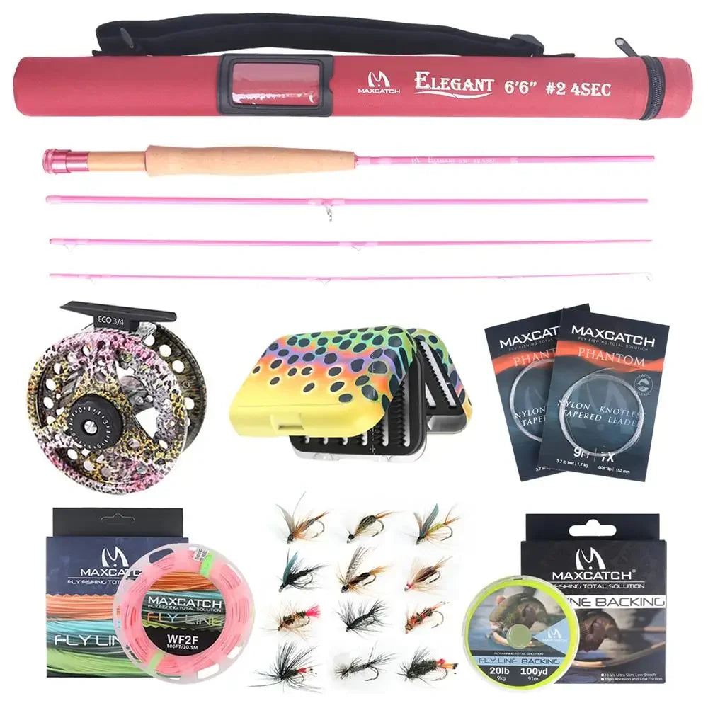 Maxcatch Elegant Fly Fishing Rod Combo 6'6"/9' 2/5WT Fly Rod Reel Line Flies Lures Kit Storage Box Travel Fishing Set Trout Bass