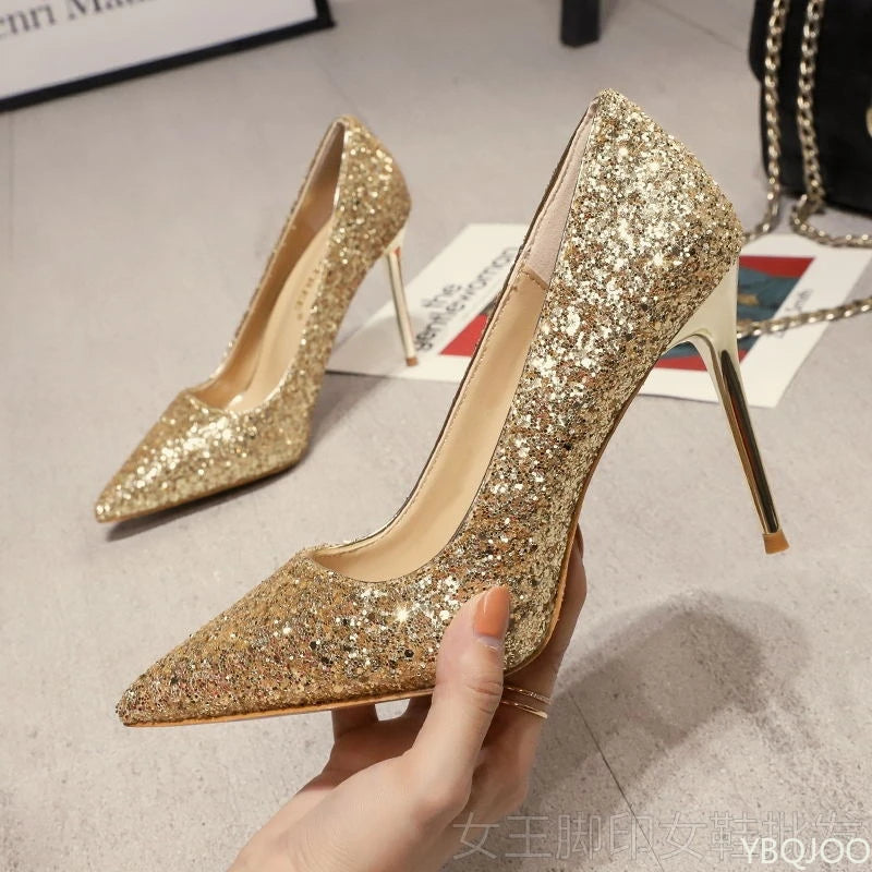 New Women's Elegant Shoes Sexy versatile high heels Sharp pointed fashion sequin shoes Trendy ladies slim pumps Mujer Zapatos
