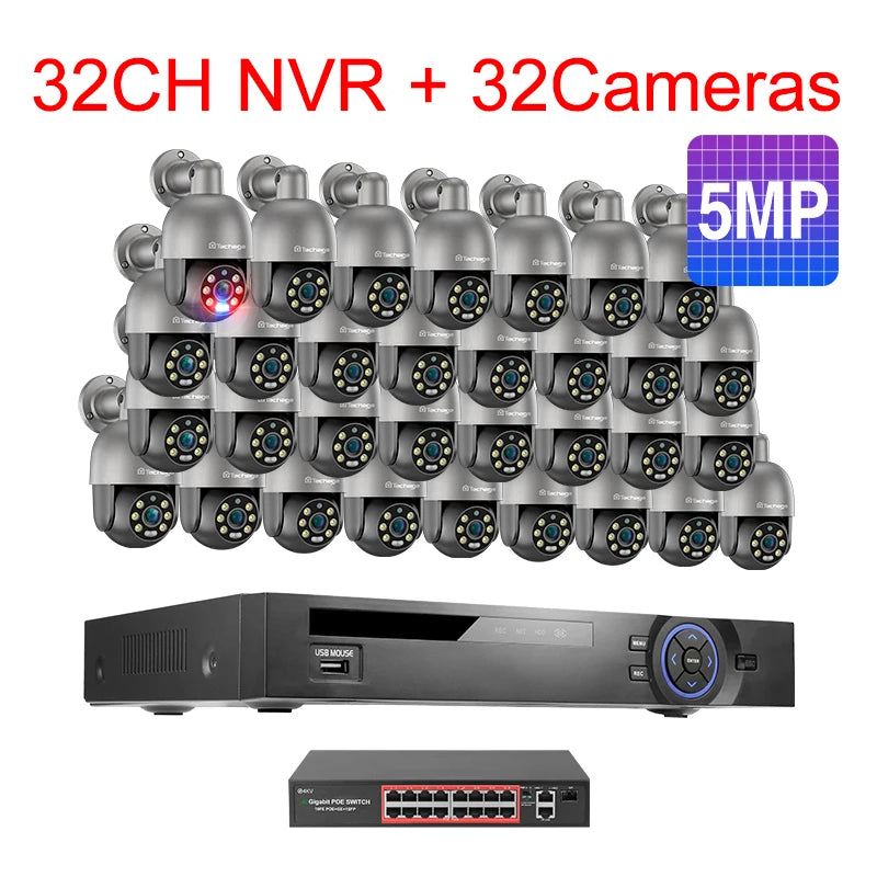 Techage 36CH 5MP 8MP POE PTZ Camera System Smart Ai Human Detected Two-way Audio Color Night 4K H.26S Security Surveillance Kit
