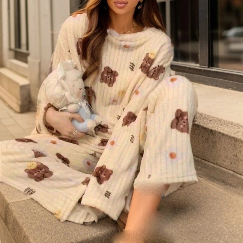 Women's Pajamas Set Winter Sleepwear O-neck Loose Long Sleeve Top Elastic Waist Leg Pant Sets Trousers Plus Size Matching Sets