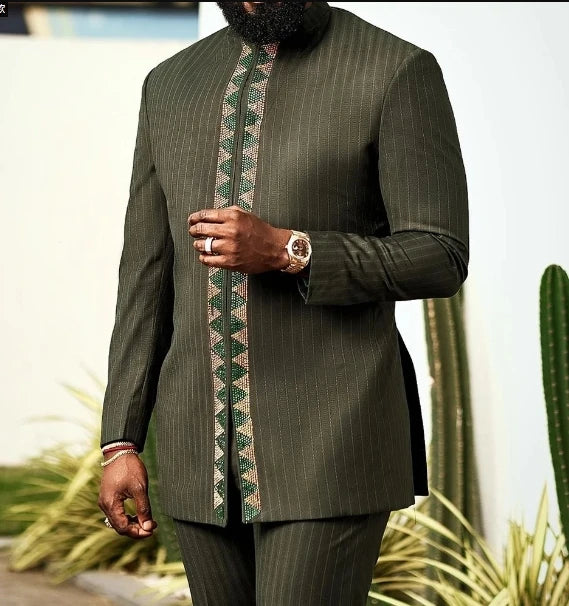 Summer Short Sleeve Men's Kuanda Suit Stand Collar Single Breasted Tuxedo Men's Suit Wedding Ethnic Style 2 Piece Sets Outfits