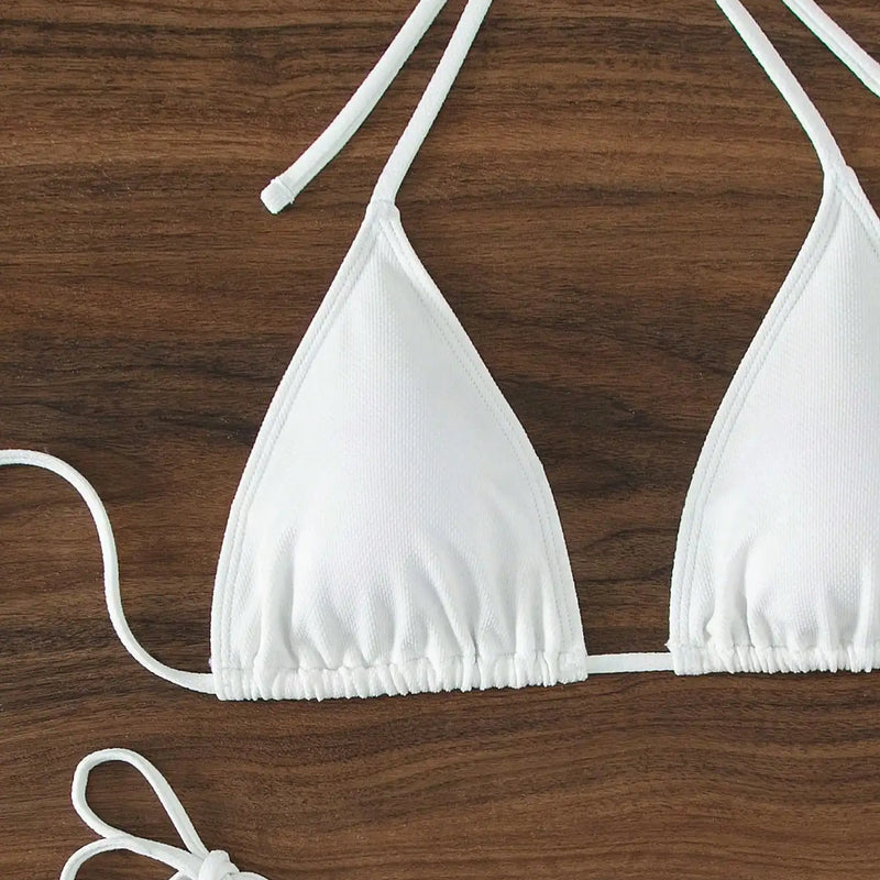 Summer white pure simple front-tie bikini swimsuit set