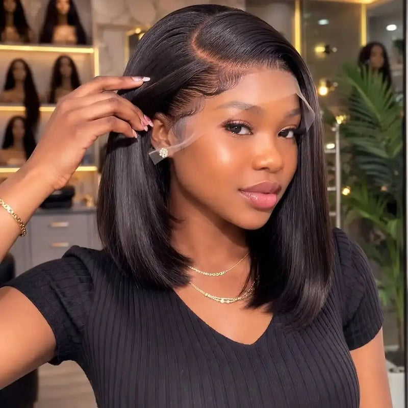 Straight Short Bob Wig Human Hair 13x4 Transparent Lace Front Wigs 230 Density Natural Black Bone Straight Short Human Hair Wigs