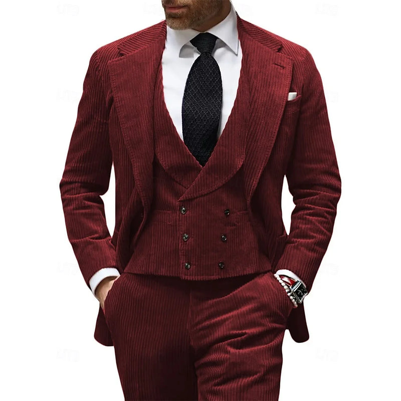 Camel Velvet Men's Suit 3 Piece Corduroy Blazer Vest Pants Set for Business Events Wedding Grooms Banquet Party Custom Tuxedo