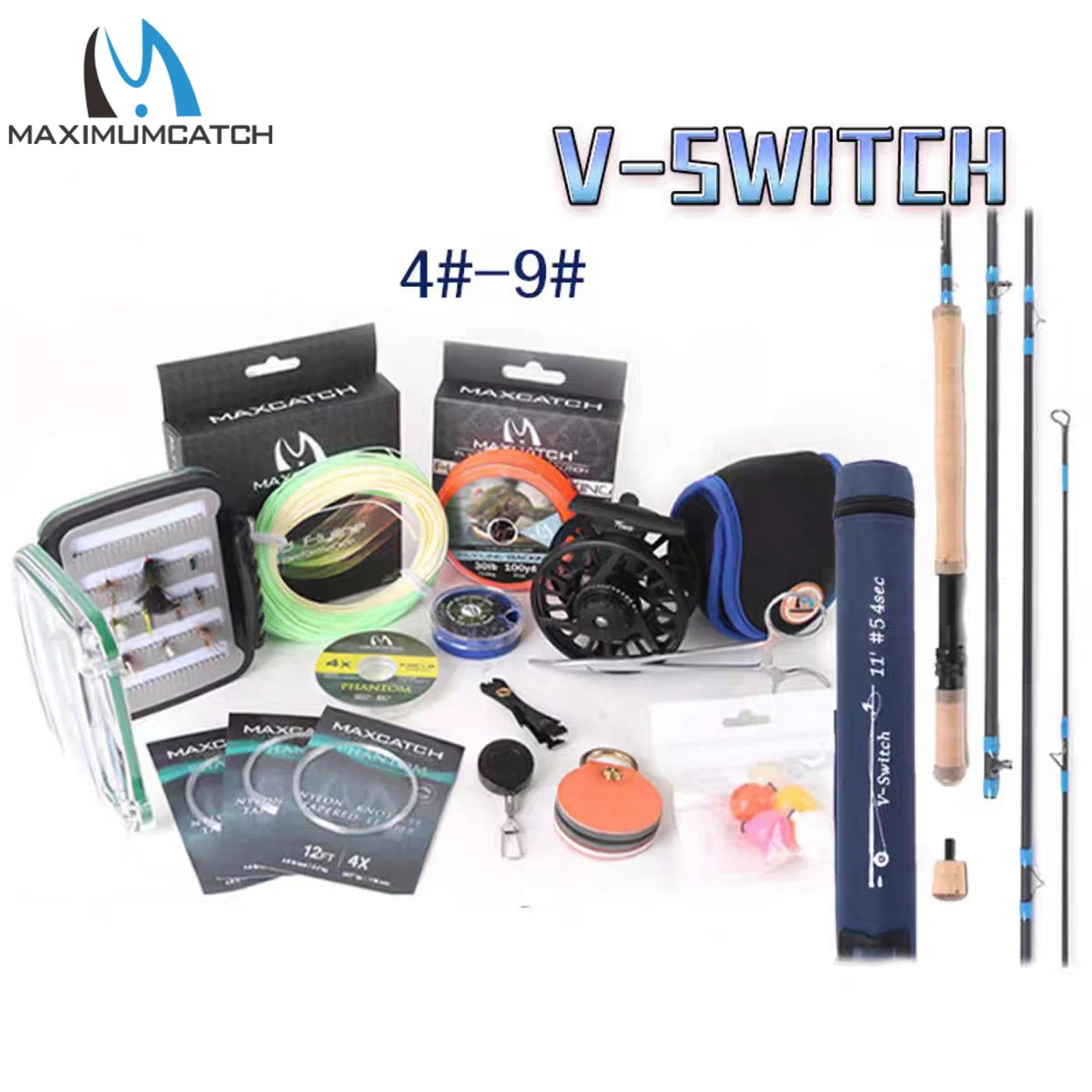 Maxcatch V-Switch Fly Fishing Rod Kit 4-8WT 10/11FT Moderate Fast Action Rod Reel Line Combo Switchable Fighting Butt Travel Kit