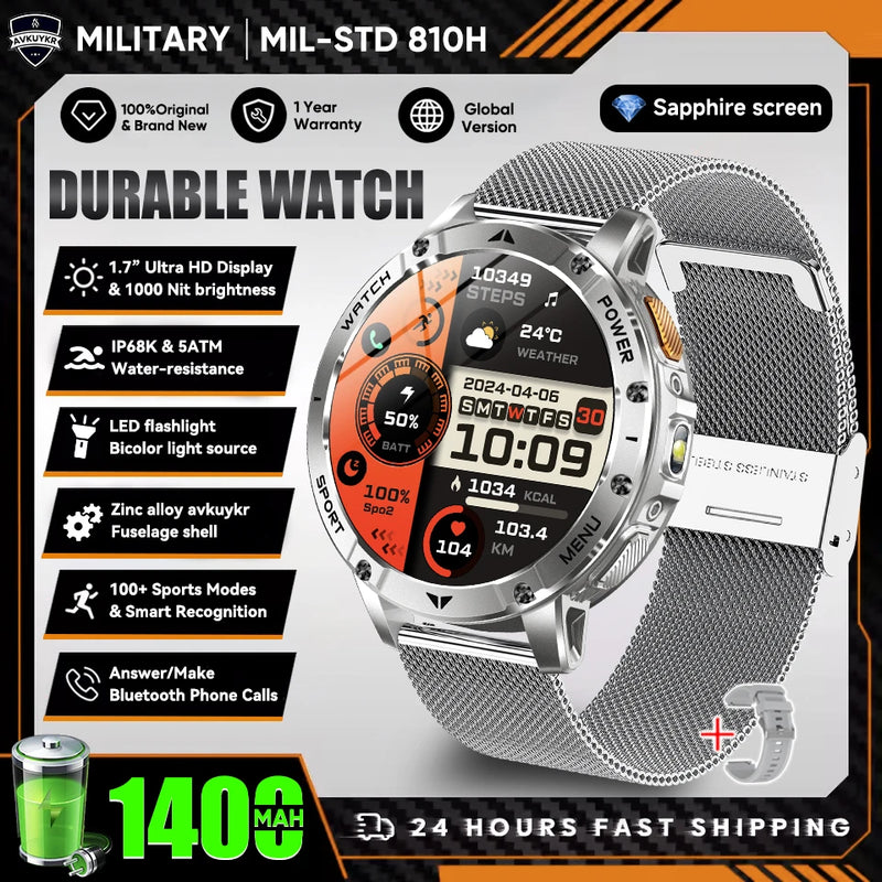 Military Grade Alloy Smartwatch 1400mAh Long Standby Waterproof SOS Emergency Flashlight BT Call Outdoor Sports Watch For Men