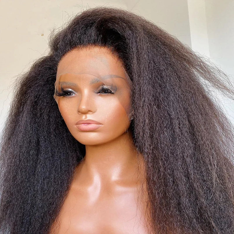 Soft Yaki Natural Black Long Glueless 24Inch Kinky Straight Lace Front Wig For Women With Baby Hair Synthetic Preplucked Daily
