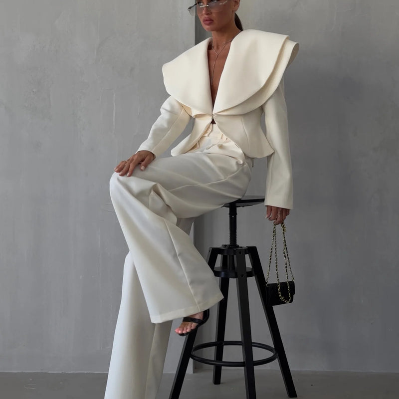 Laur 2026 Oversized Double Layer Lapel Cropped Blazer Two Piece Set High Waist Wide Leg Trousers Elegant Formal Matching Outfit