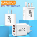 3 Ports 65W USB Charger Fast Charging Mobile Phone Power Adapter EU/US/UK Plug QC3.0 Type C Charger For iPhone Samsung Xiaomi