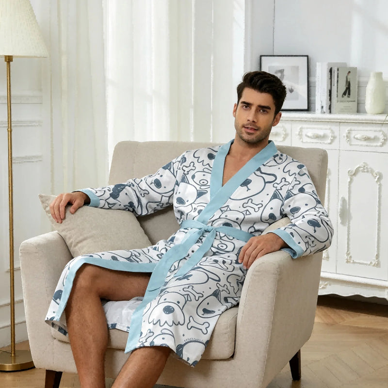 Men's lightweight quick-drying pajama bathrobe - 3D digital printing, non-fading design, stand-up collar and adjustable waistban