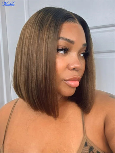 Nadula 13x4 7X5 Chestnut Brown BOB Wig Yaki Straight Pre-Bleached Knots Pre Cut HD Transparent Lace Human Hair Wig Ready to Wear